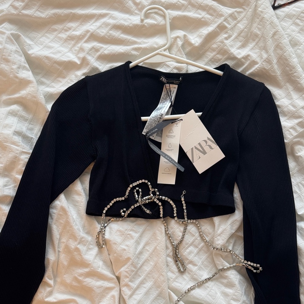 Zara Black Long Sleeve Bodysuit with Embellishments
